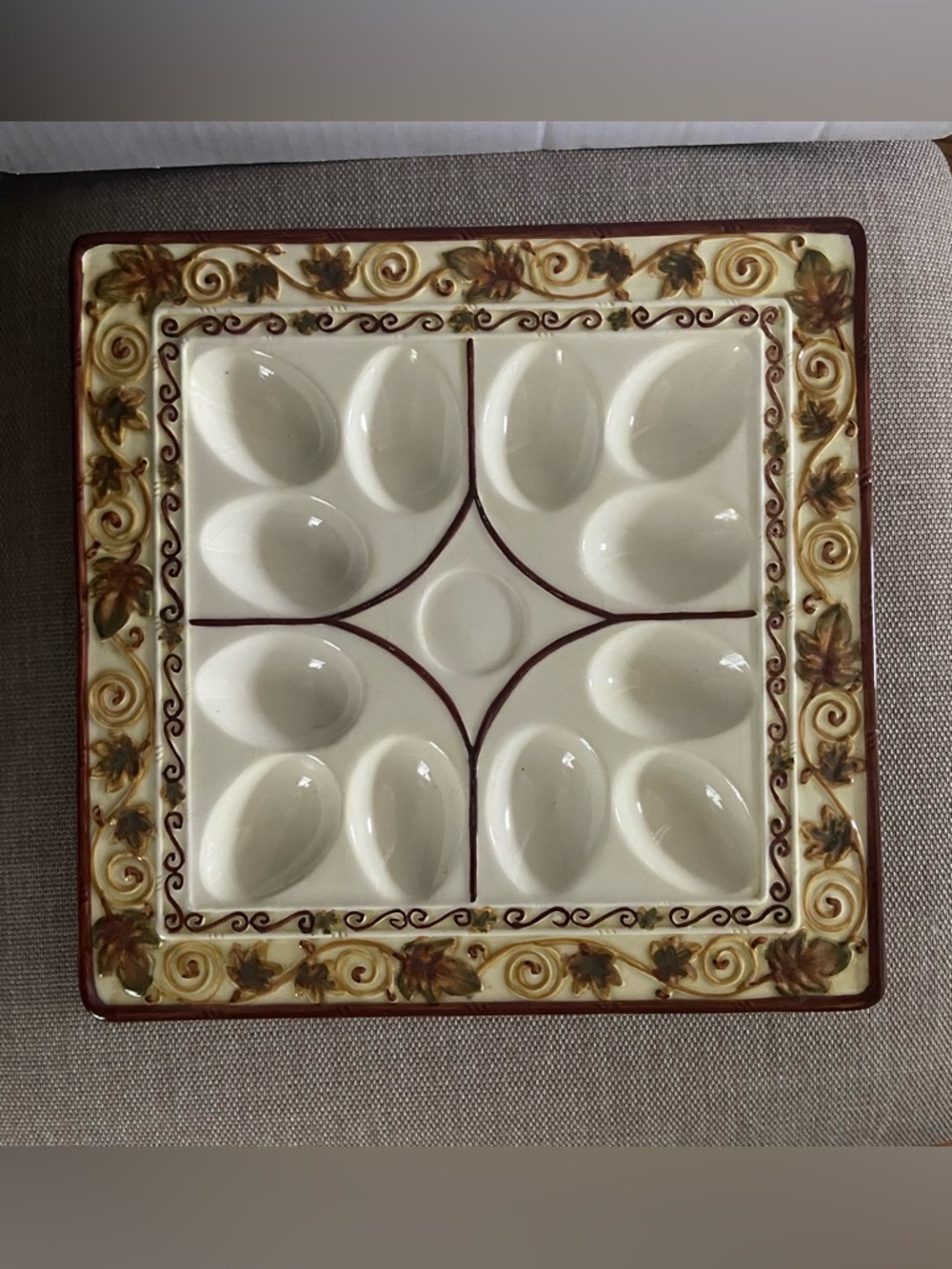Youngs Heartfelt Kitchen Creation Square Egg Platter Autumn Leaves & Vine Scroll
